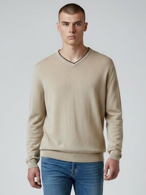 PT International Beige Linen Cotton Sweater V Neck Pullover Lightweight Large